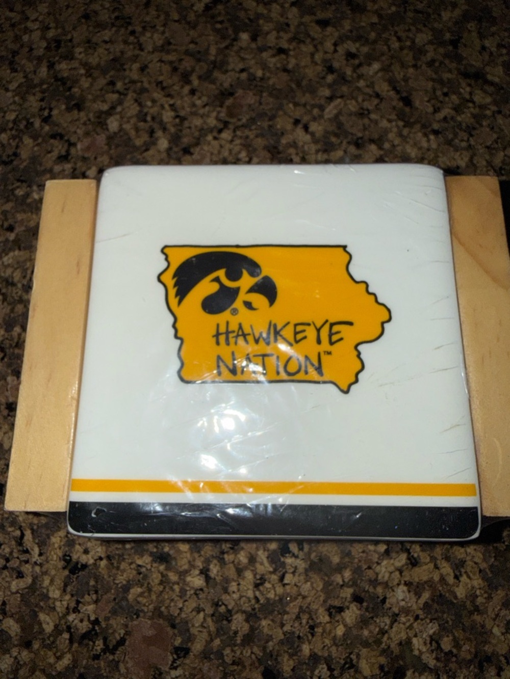 Iowa Hawkeye Nation Ceramic Coaster Set with Wood Holder - Black & Gold - Picture 4 of 5
